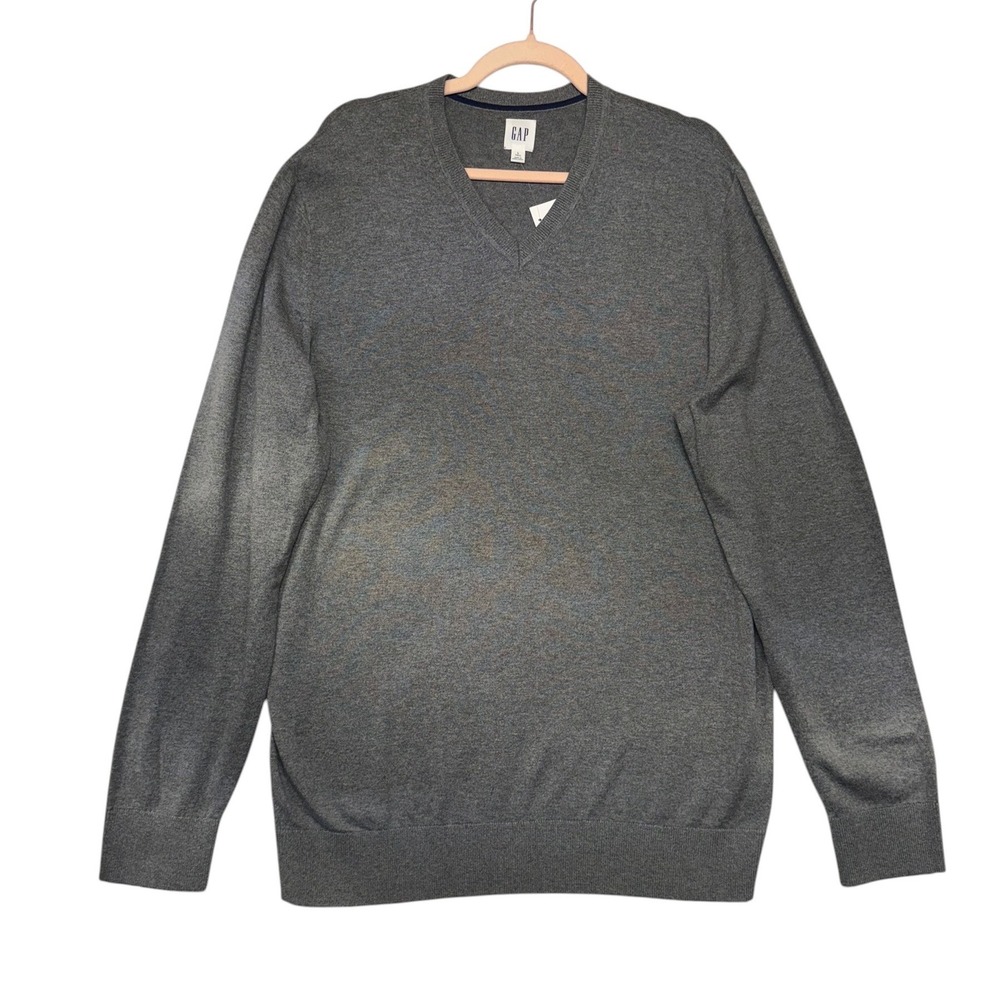 GAP Mens V-Neck Cotton Sweater Gray L Tall Solid Long Sleeve Pullover NWT